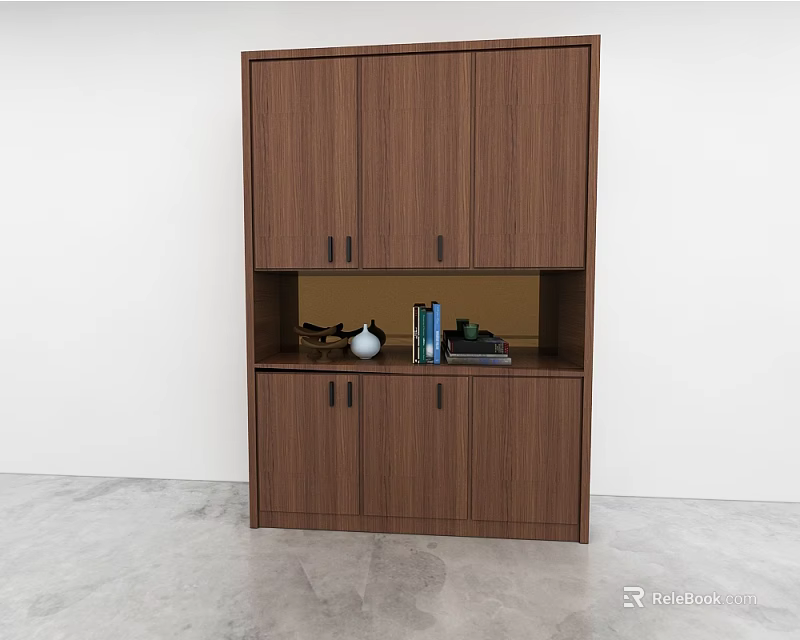 Modern Wooden Wall Cabinet With Storage Shelves And Decorative Items 3d model 