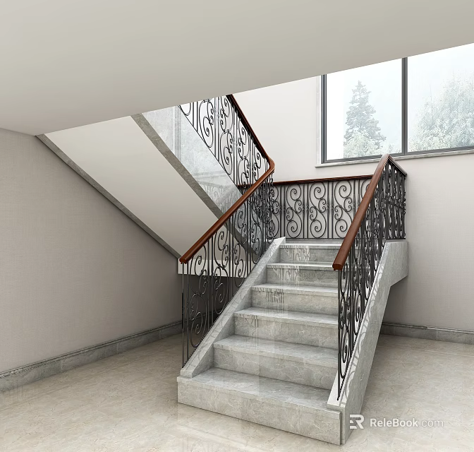 Modern Indoor Staircase With Stone Steps Wrought Iron Railings And Wooden Handrail 3d model 