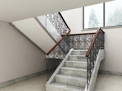 Modern Indoor Staircase With Stone Steps Wrought Iron Railings And Wooden Handrail 3d model