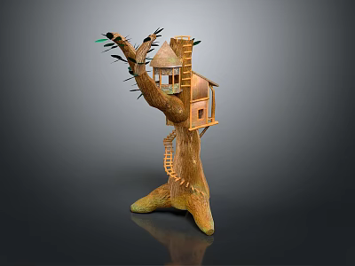 Cute Little Bird Living in Cozy Treehouse with Wooden Stairs and Leafy Branches 3d model