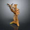 Cute Little Bird Living in Cozy Treehouse with Wooden Stairs and Leafy Branches