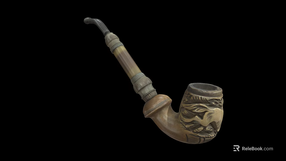 Handcrafted Wooden Tobacco Pipe With Intricate Carved Bowl And Elegant Curved Stem 3d model 