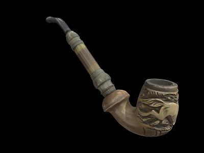 Handcrafted Wooden Tobacco Pipe With Intricate Carved Bowl And Elegant Curved Stem 3d model
