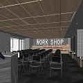 Modern Conference Room With Wooden Ceiling Linear Lights Podium Work Shop Sign And Arranged Chairs