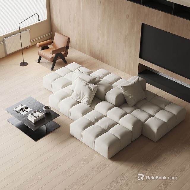 Modern Beige Sectional Sofa With Pillows And Black Coffee Table In Living Room 3d model 