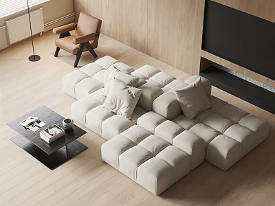 Modern Beige Sectional Sofa With Pillows And Black Coffee Table In Living Room 3d model