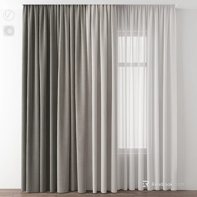 Modern Gray Curtains With White Sheer Panels For Window Interior Decor 3d model 