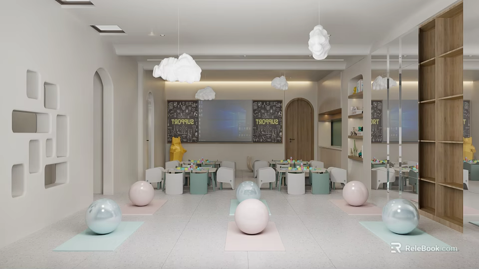 Colorful Kids Play Area With Cloud Decor Balls And Interactive Tables 3d model 