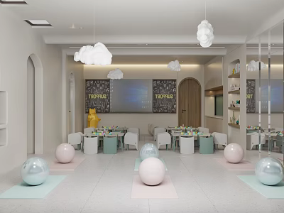 Colorful Kids Play Area With Cloud Decor Balls And Interactive Tables 3d model