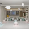 Colorful Kids Play Area With Cloud Decor Balls And Interactive Tables