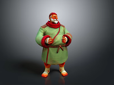 Cartoon Man With Red Hat White Beard Green Robe Brown Belt Barefoot Orange Feet 3d model