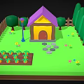 Cartoon House With Purple Roof Yellow Walls Wooden Fence Green Trees Vegetable Garden And Path
