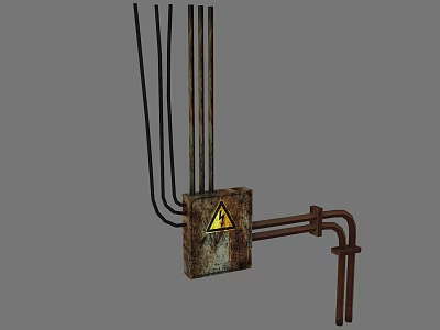Rusty Metal Electrical Box With Yellow Warning Sign And Connected Pipes 3d model