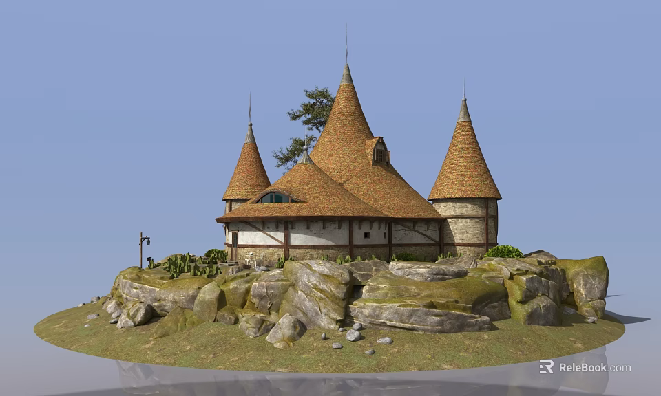 Medieval Style Castle With Three Spires On Rocky Terrain And Green Grass 3d model 