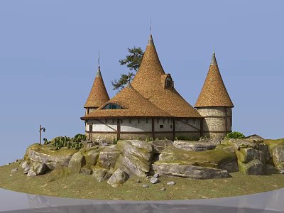 Medieval Style Castle With Three Spires On Rocky Terrain And Green Grass 3d model
