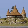 Medieval Style Castle With Three Spires On Rocky Terrain And Green Grass