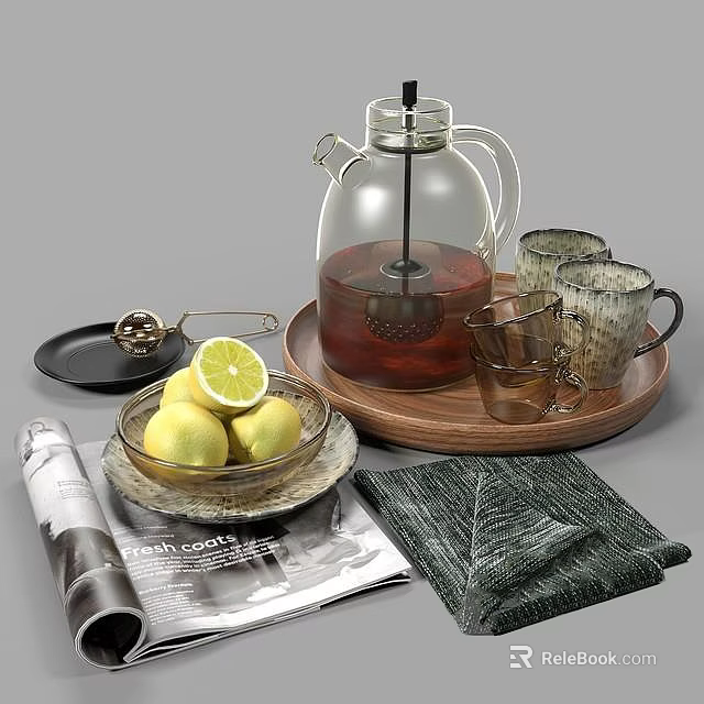 Fresh Lemons And Tea Pot With Cups On Wooden Tray In Kitchen Setting 3d model 