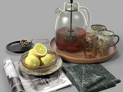 Fresh Lemons And Tea Pot With Cups On Wooden Tray In Kitchen Setting 3d model
