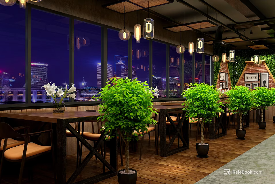 Modern Restaurant Interior With Large Windows Night View Green Plants And Wooden Furniture 3d model 