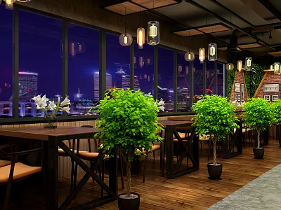 Modern Restaurant Interior With Large Windows Night View Green Plants And Wooden Furniture 3d model