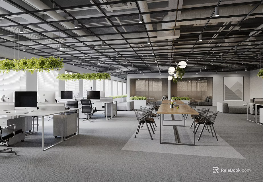 Modern Public Office Space With Hanging Green Plants Desks With Computers Conference Table And Chairs 3d model 