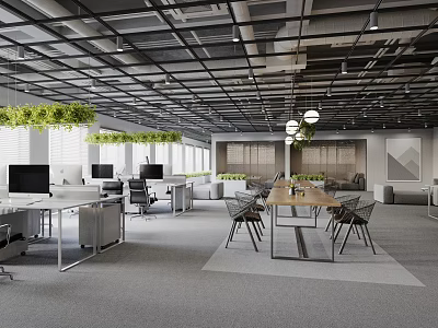 Modern Public Office Space With Hanging Green Plants Desks With Computers Conference Table And Chairs 3d model