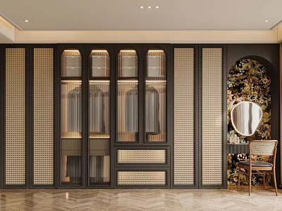 Elegant Modern Walk In Closet Interior With Glass Front Cabinets Decorative Wall And Mirror 3d model