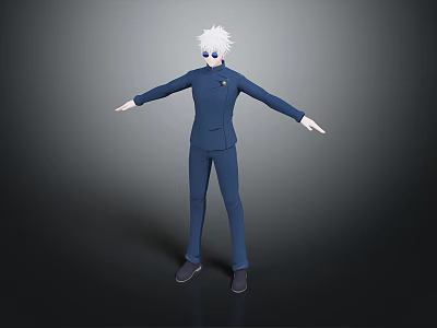 3D Character Model With White Hair Sunglasses Blue Uniform And Outstretched Arms 3d model