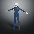 3D Character Model With White Hair Sunglasses Blue Uniform And Outstretched Arms