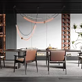 Modern Restaurant Interior Design With Dining Table Leather Chairs Pendant Lights And Decorative Wall 3d model
