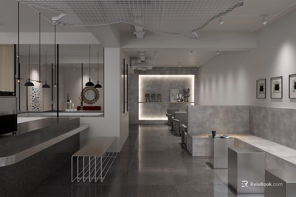 Modern Cafe Interior Design With Open Layout Bar Counter Gray Seating And Pendant Lights 3d model 
