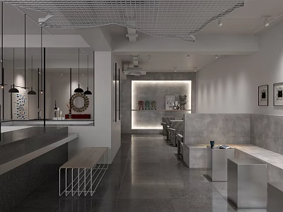 Modern Cafe Interior Design With Open Layout Bar Counter Gray Seating And Pendant Lights 3d model