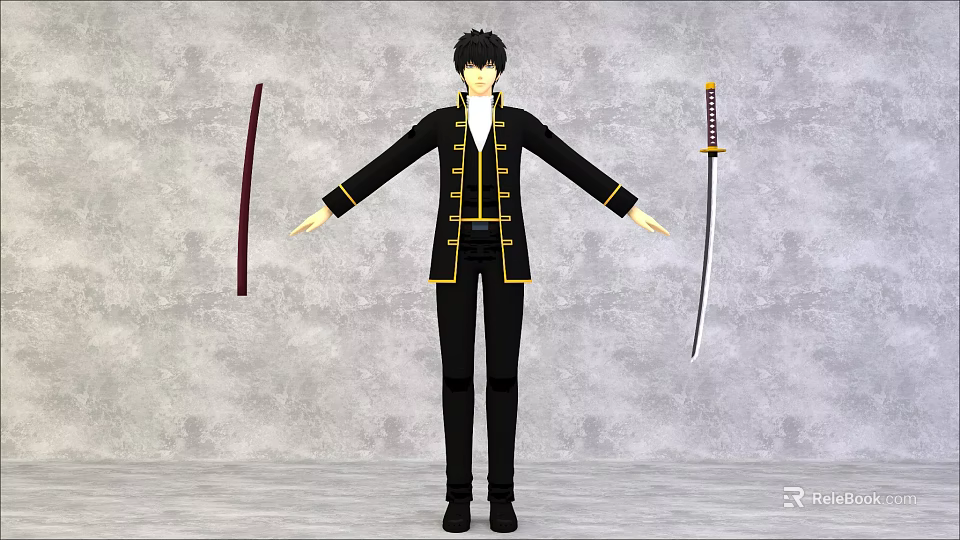 Game and Movie Character in Black Outfit With Gold Trim and Two Swords 3d model 