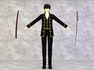 Game and Movie Character in Black Outfit With Gold Trim and Two Swords 3d model