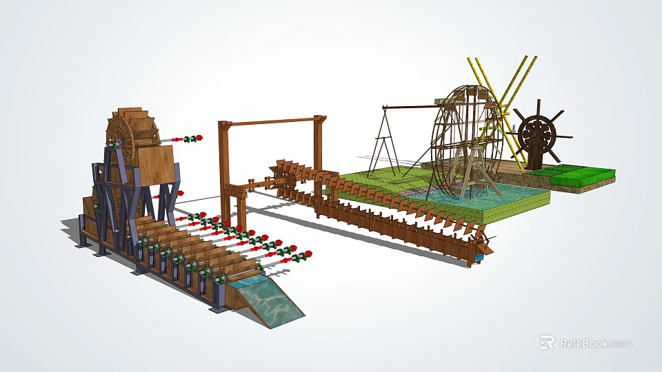 Garden Ornaments Scene With Wooden Waterwheel Windmill Wooden Bridge Green Grassland And Decorative Structures 3d model 