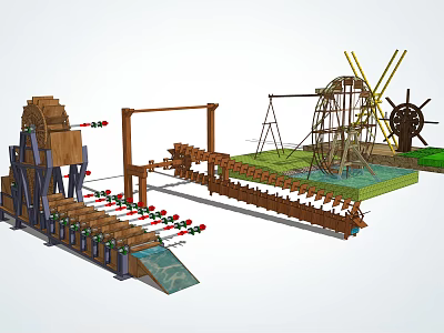 Garden Ornaments Scene With Wooden Waterwheel Windmill Wooden Bridge Green Grassland And Decorative Structures 3d model