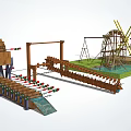 Garden Ornaments Scene With Wooden Waterwheel Windmill Wooden Bridge Green Grassland And Decorative Structures