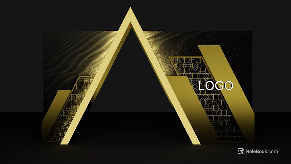 Golden Triangular Event Entrance with Black Background and Textured Patterns Featuring Logo 3d model