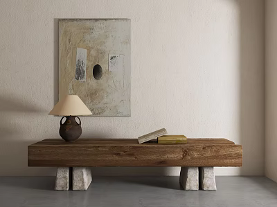 Wooden Bench With Stone Legs Featuring Table Lamp And Books Near Wall Painting 3d model