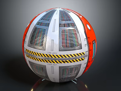 Red And Silver Mechanical Sphere With Grill Panels Circular Windows And Warning Stripes 3d model