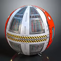 Red And Silver Mechanical Sphere With Grill Panels Circular Windows And Warning Stripes