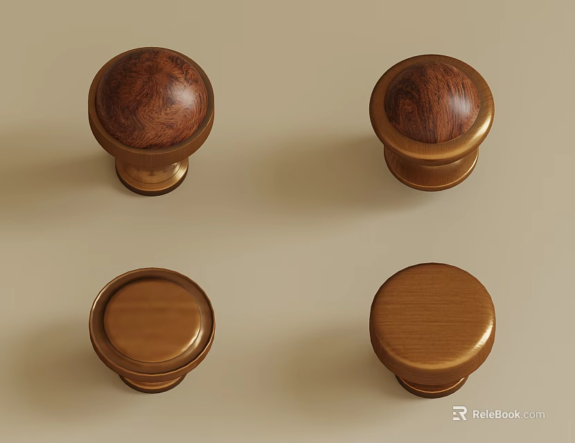 Decorative Furniture Knobs With Wooden Top And Brass Metal Base Set 3d model 