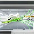 Sleek Futuristic Store Display Window Showcasing High Performance White Green Nike Running Sneakers