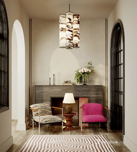 Elegant Entryway Hallway Interior With Armchairs Pendant Lamp Vase Flowers And Fireplace Decor 3d model 