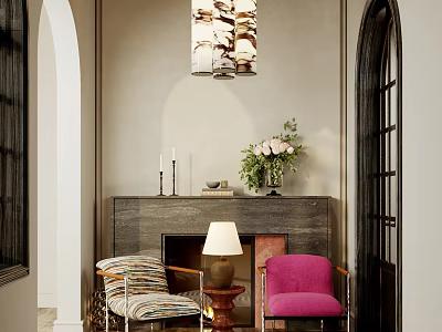Elegant Entryway Hallway Interior With Armchairs Pendant Lamp Vase Flowers And Fireplace Decor 3d model