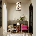 Elegant Entryway Hallway Interior With Armchairs Pendant Lamp Vase Flowers And Fireplace Decor