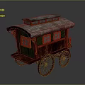 Vintage Caravan Structure With Green Wooden Walls Tiled Roof And Wooden Wheels