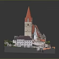 Castle Style Architectural Model Featuring Red Roof Tower Surrounding Structures Green Grass and Gray Base