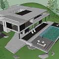 Modern Detached Villa With Large Windows Terrace Swimming Pool Surrounded By Green Lawn And Trees