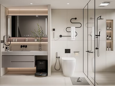 Modern Bathroom Interior Design With Vanity Mirror Toilet Glass Shower And Tiled Walls 3d model
